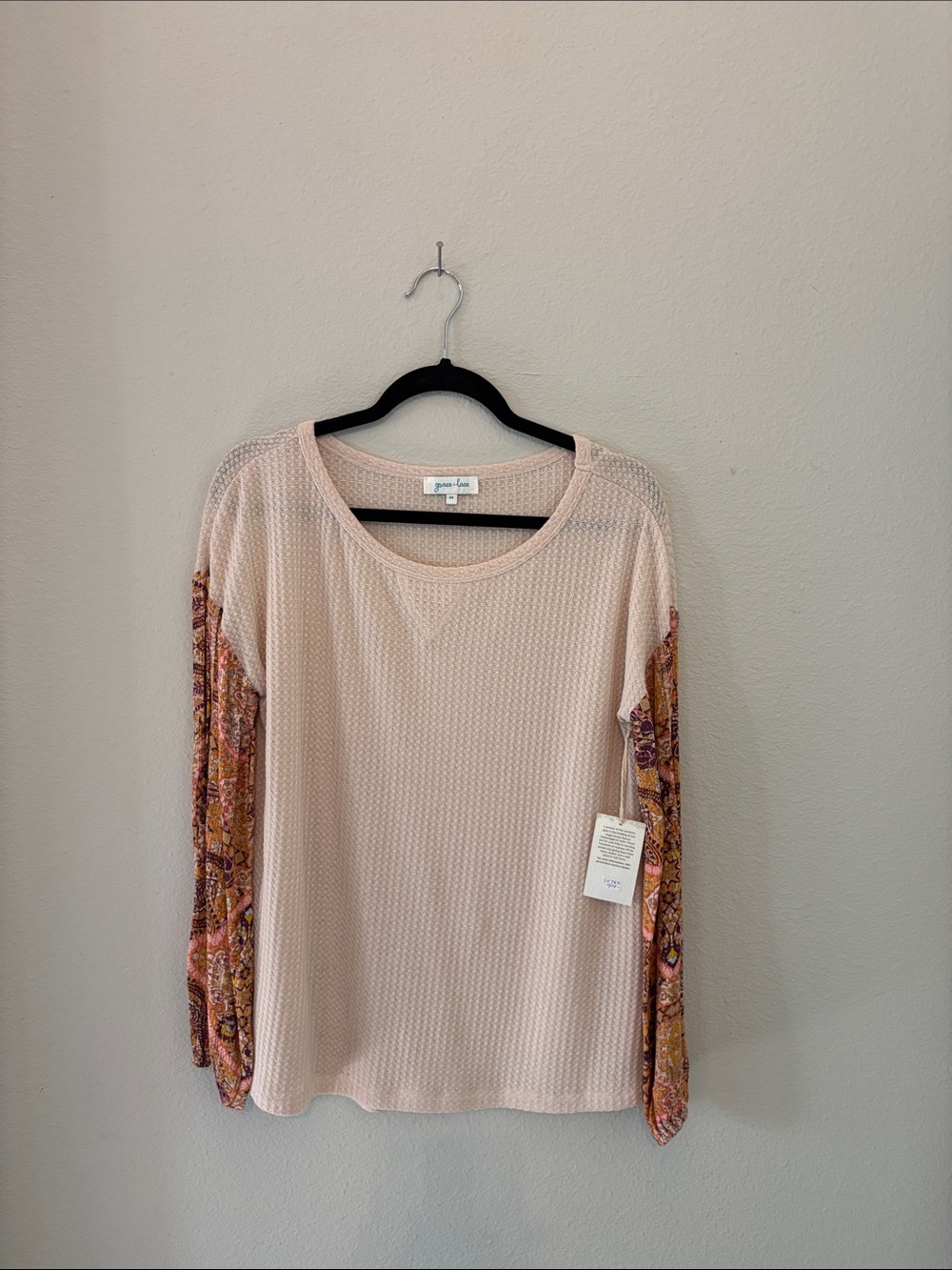 Grace & Lace Blush Waffle Knit Top with Patterned Long Sleeves